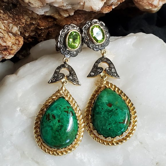 Sterling Silver 925/14k Gold Earrings Diamond African Chrysocolla Natural Stone - Picture 1 of 11
